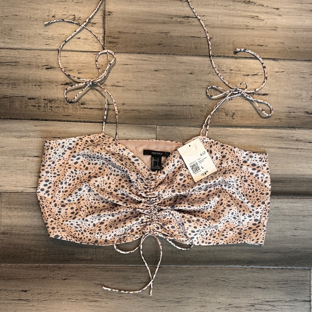 Forever 21 Cream Leopard Print Ruched Crop Top